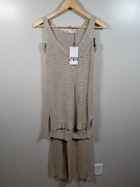 Zara Linen Blend 2 Piece Set Size Small Beige Resort Wear Neutral Minimal Knit